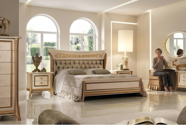 Classic designer wood bed, bedroom, noble upholstered furniture, double beds, new