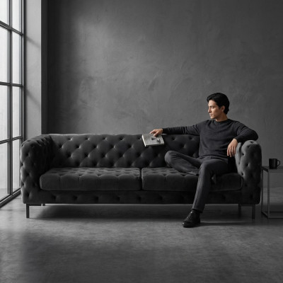 Designer Black Three-Seater Chesterfield Modern Couch