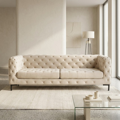 Beige Designer Chesterfield Three-Seater Luxury Living Room Couch