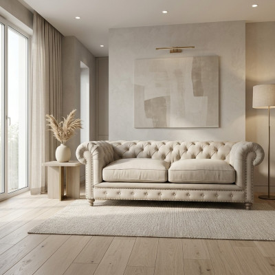 White Chesterfield Luxury Three-Seater Modern 3-Seater Living Room Couch