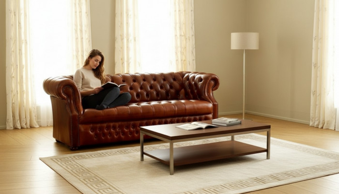 Brown Chesterfield three-seater designer sofa stylish couch