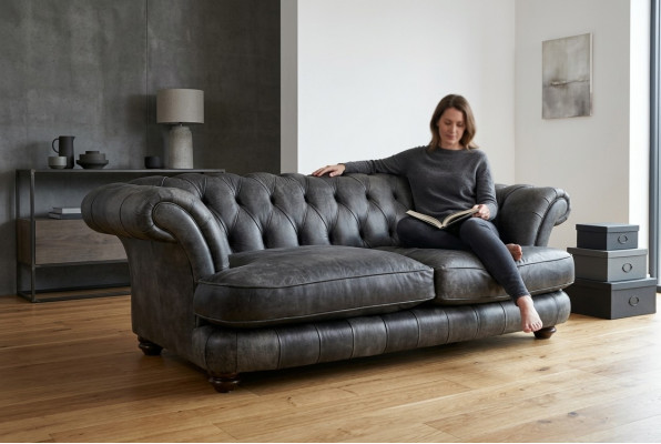 Chesterfield Big XXL Couch % Leather Black 3-Seater Vintage Style