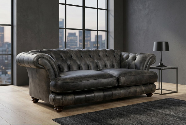 Chesterfield Big XXL Couch % Leather Black 3-Seater Vintage Style