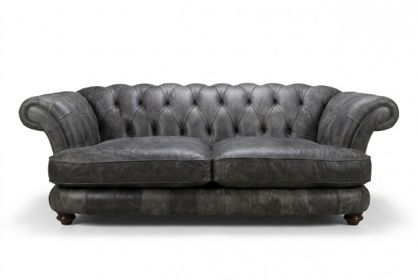 Chesterfield Big XXL Couch % Leather Black 3-Seater Vintage Style