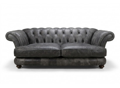 Chesterfield Big XXL Couch % Leather Black 3-Seater Vintage Style