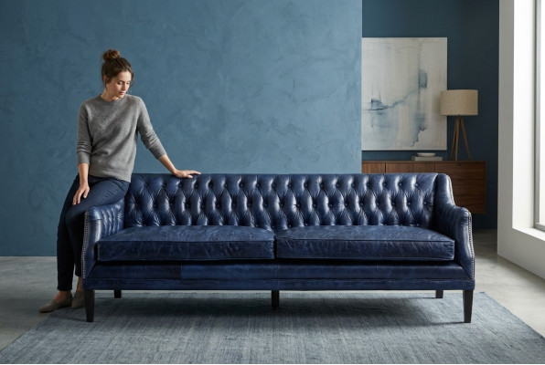 Blue Chesterfield Sofa Couch Upholstery Fabric Leather Couch Set 4-Seater New