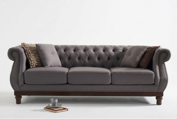 Gray Chesterfield Sofa Couch Upholstered Fabric Designer 3-Seater