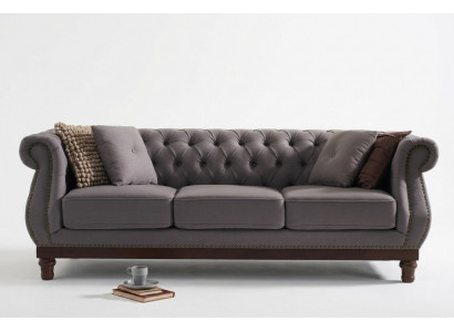 Gray Chesterfield Sofa Couch Upholstered Fabric Designer 3-Seater