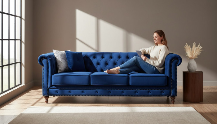 jvmoebel ® - Leather Sofa Couch - Royal Blue Upholstery Three-Seater Couch Set