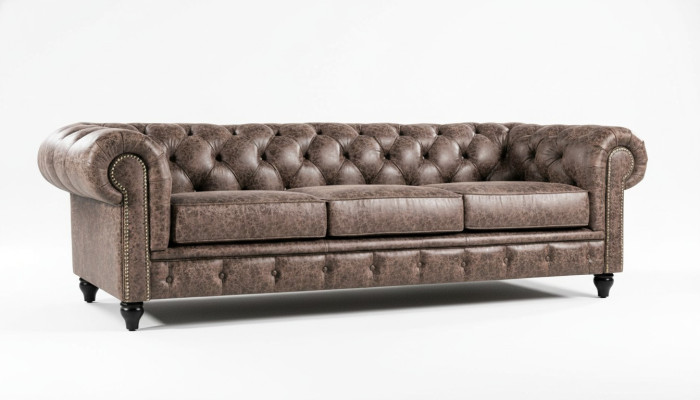 Men's Club Chesterfield Sofa Couch Leather Upholstered Three-Seater Brown NEW