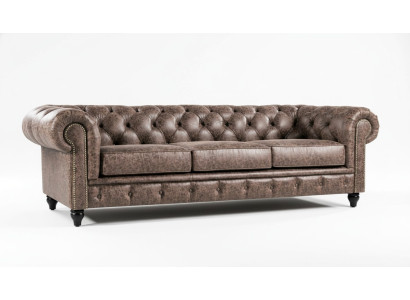 Men's Club Chesterfield Sofa Couch Leather Upholstered Three-Seater Brown NEW