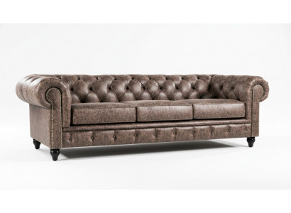 Men's Club Chesterfield Sofa Couch Leather Upholstered Three-Seater Brown NEW