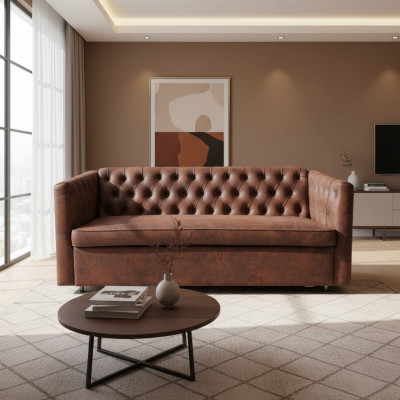American style Chesterfield sofa couch leather upholstery brown three-seater