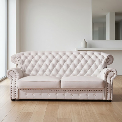 White three-seater Chesterfield high-back real handcrafted leather couch