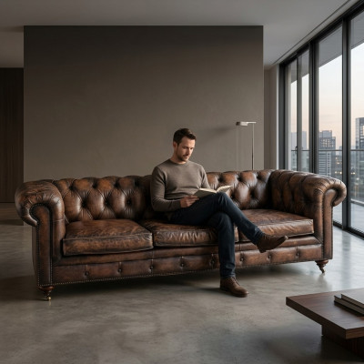 Brown Chesterfield 3-seater leather sofa couch English-style furniture