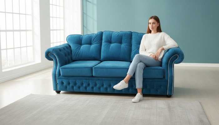 Blue Chesterfield Fabric Upholstered Three-Seater Living Room Sofa Design