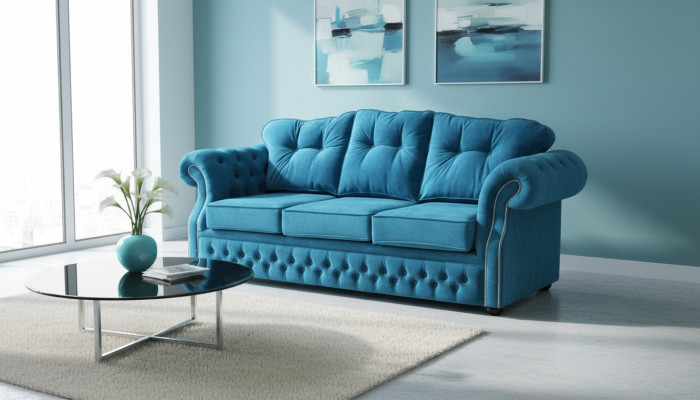 Blue Chesterfield Fabric Upholstered Three-Seater Living Room Sofa Design