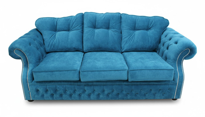 Blue Chesterfield Fabric Upholstered Three-Seater Living Room Sofa Design