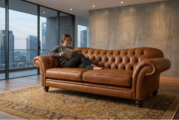 Brown Chesterfield Three-Seater Luxury Living Room Couch