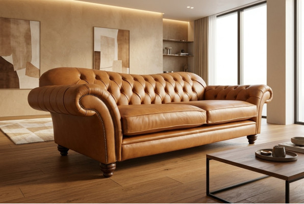 Brown Chesterfield Three-Seater Luxury Living Room Couch