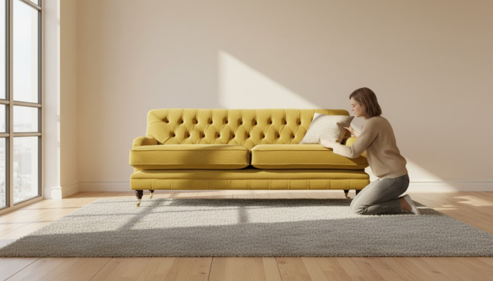 Yellow Chesterfield fabric upholstery three-seater living room couch design