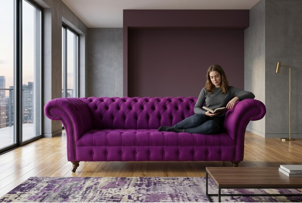 Chesterfield 3-Seater Classic Luxury Purple Pink Rose Sofa Couch Textile Couch