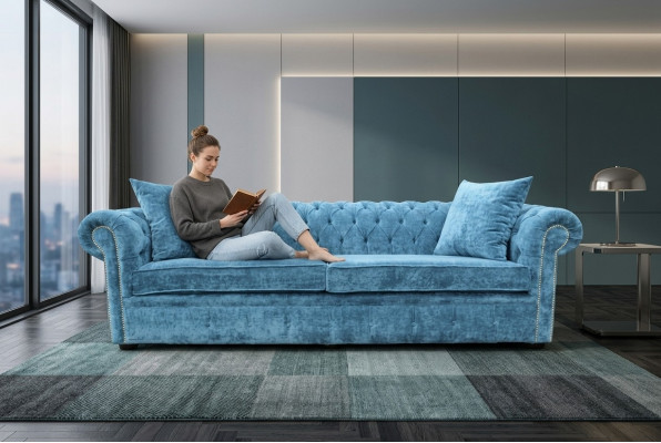 Classic Living Room Sofa - Blue Chesterfield Fabric Couch 3 Seater jvmoebel®
