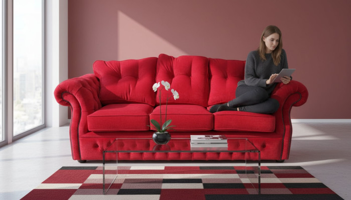 Red Chesterfield Fabric Upholstery Three-Seater Living Room Sofa Design