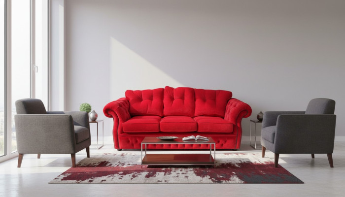 Red Chesterfield Fabric Upholstery Three-Seater Living Room Sofa Design