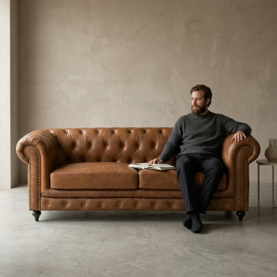 jvmoebel ® - Leather Sofa Couch - Brown Armchair Upholstery Three-Seater Couch Set