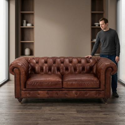 Chesterfield 2 Seater Classic Luxury Baroque Rococo Sofa Brown Leather Couch New