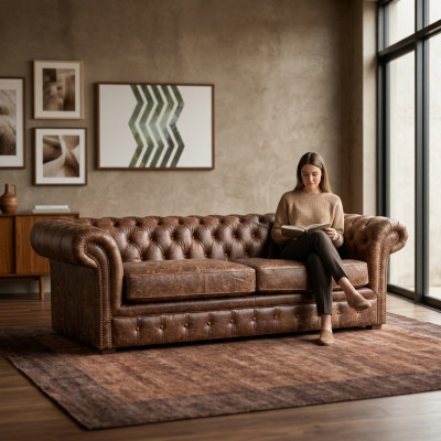 Brown Chesterfield 3-Seater Classic Luxury Baroque Sofa Textile Leather Couch Style