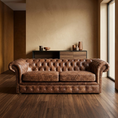Brown Chesterfield 3-Seater Classic Luxury Baroque Sofa Textile Leather Couch Style
