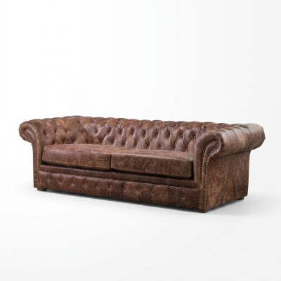 Brown Chesterfield 3-Seater Classic Luxury Baroque Sofa Textile Leather Couch Style