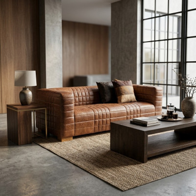Chesterfield 3 Seater Luxury Grid Sofa Textile Leather Couch Designer Sofas New