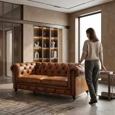 Mens Club Couch Chesterfield Sofa Leather Upholstery 2 Seater Brown NEW jvmoebel ®