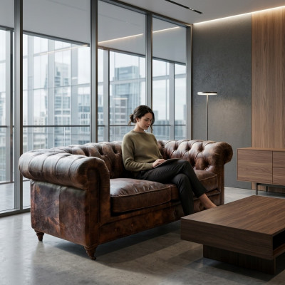 Brown Chesterfield Men's Club Sofa Couch Leather Upholstery Three-Seater