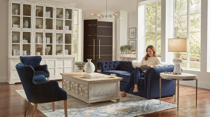 Classic Living Room Couch - Blue Chesterfield Fabric Sofa 3-Seater jvmoebel ®
