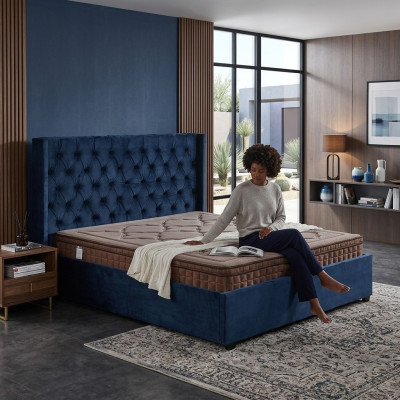 Royal blue bedroom bed upholstery double beds Chesterfield design