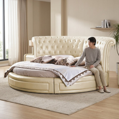 Round Bed Chesterfield Designer Round Bedroom Textile Leather Upholstered Beds