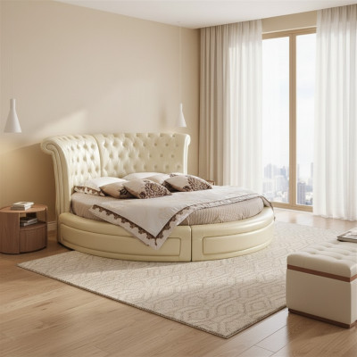 Round Bed Chesterfield Designer Round Bedroom Textile Leather Upholstered Beds