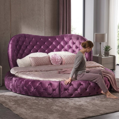 Round Chesterfield Design Bed Bedroom Textile Leather Upholstery Purple Round Luxury