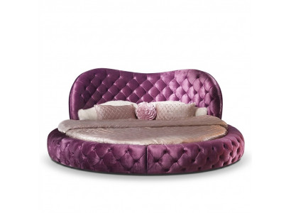 Round Chesterfield Design Bed Bedroom Textile Leather Upholstery Purple Round Luxury