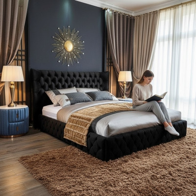 Chesterfield black bed bedroom beds textile velvet big hotel beds