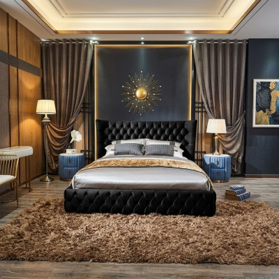 Chesterfield black bed bedroom beds textile velvet big hotel beds