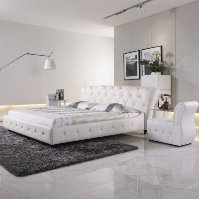 White Padded Designer Chesterfield Bed Bedroom Textile Furniture