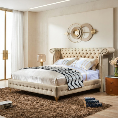 Classic bedroom bed beige textile leather upholstery double bed 180x200cm