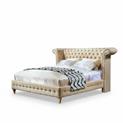 Classic bedroom bed beige textile leather upholstery double bed 180x200cm