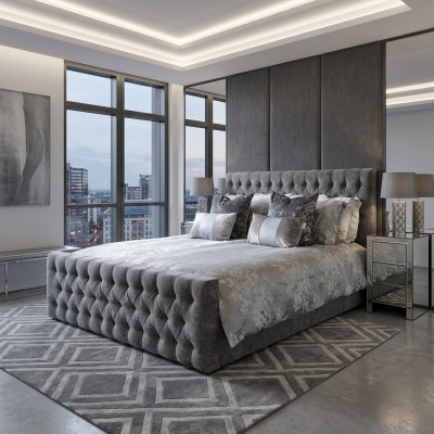 Gray stylish Chesterfield double bed designer bedroom beds