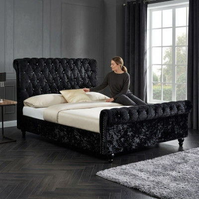 Black Chesterfield Upholstered Bed, XXL Big 140x200 Bedroom Bed